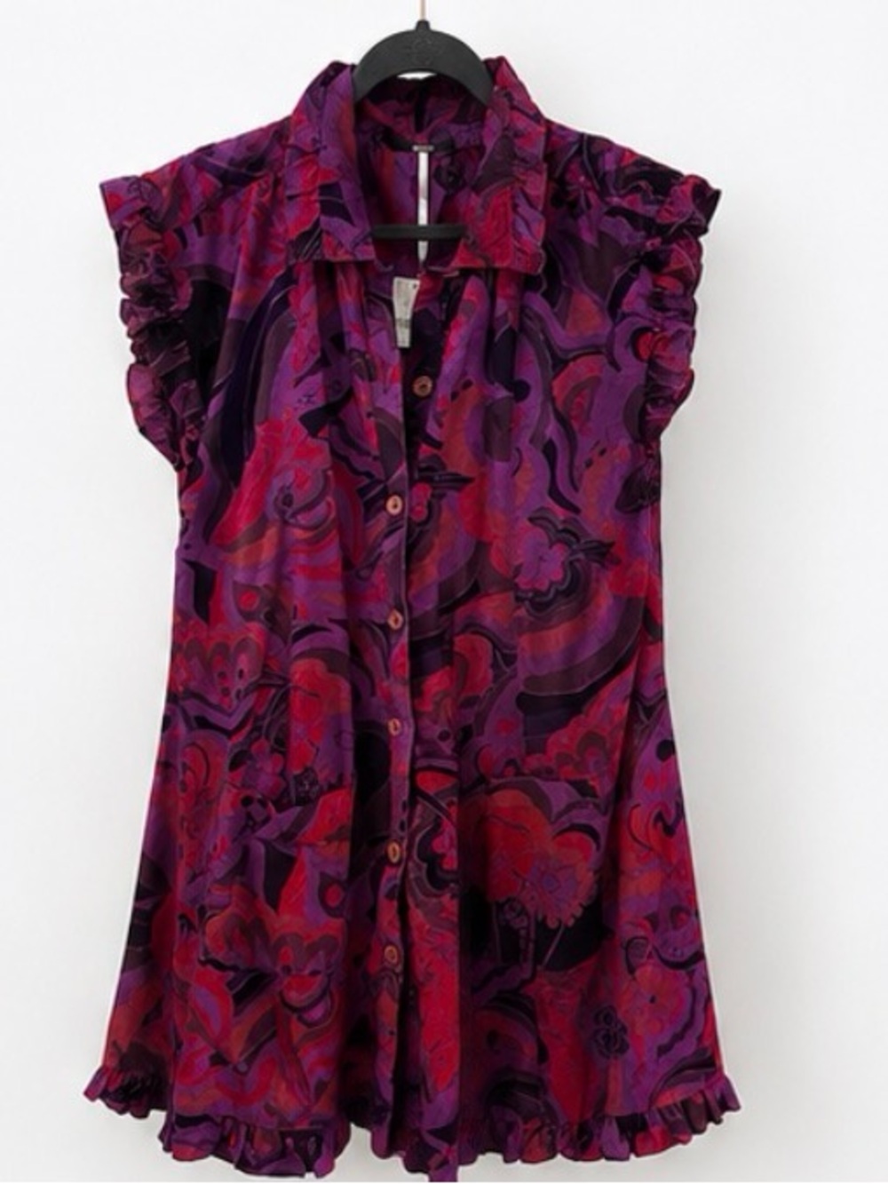 Free People Ruffled Cap-Sleeve Button Front Dress in Burgundy and Plum - Picture 5 of 5